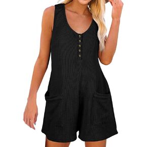 Women's Summer Casual Sleeveless Rompers Scoop Neck Button Down Tank Top Rompers Waffle Short Jumpsuits