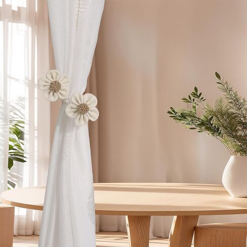 Curtain Ties Cute Flower Adjustable 2Pcs Farmhouse Style Rope Decor Flax Curtain Tie Backs Window Treatment Holdbacks (Beige) in Saudi Arabia