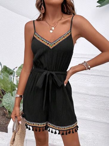 SOLY HUX Women's Geo Print Fringe Trim Cami Romper Sleeveless Belted Summer Vacation Shorts Jumpsuit in Saudi Arabia