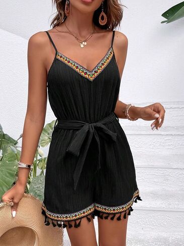 SOLY HUX Women's Geo Print Fringe Trim Cami Romper Sleeveless Belted Summer Vacation Shorts Jumpsuit in Saudi Arabia