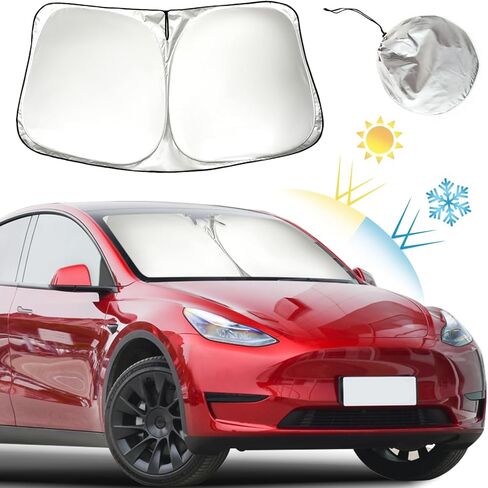 مظلة شمس للزجاج الأمامي من Tesla لسيارات Tesla Model 3/Y/S/X - مظلة درع بوليستر 300T مطورة للنافذة الأمامية - حاجز شمس لنافذة السيارة قابل للطي مع ملحقات Tesla الداخلية المقطوعة بالمرآة in Kuwait