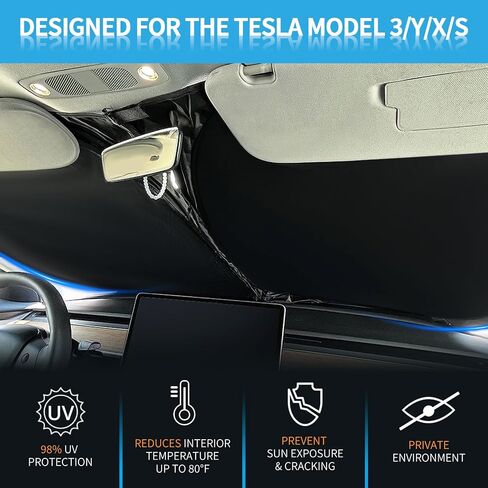 مظلة شمس للزجاج الأمامي من Tesla لسيارات Tesla Model 3/Y/S/X - مظلة درع بوليستر 300T مطورة للنافذة الأمامية - حاجز شمس لنافذة السيارة قابل للطي مع ملحقات Tesla الداخلية المقطوعة بالمرآة in Kuwait