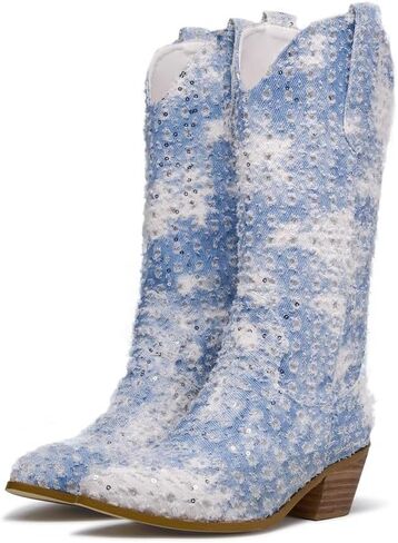 GOSERCE Women's Western Cowboy Boots with Embroidery Chunky Block Heel 2.5" Classic Cowgirl Boots Mid Calf Booties Almond Shaped Pointed Toe Knee High boots Pull On Fashion Design in Saudi Arabia