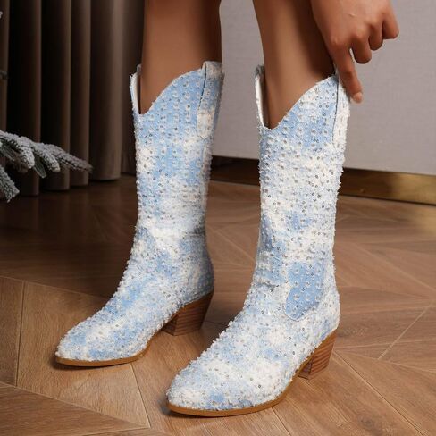GOSERCE Women's Western Cowboy Boots with Embroidery Chunky Block Heel 2.5" Classic Cowgirl Boots Mid Calf Booties Almond Shaped Pointed Toe Knee High boots Pull On Fashion Design in Saudi Arabia
