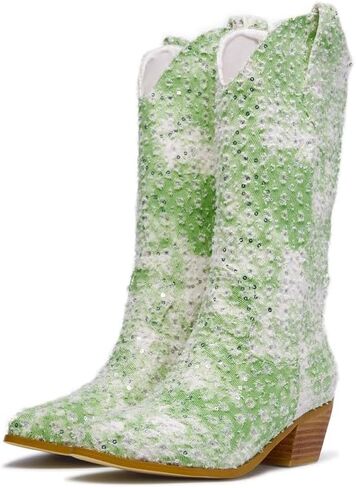 GOSERCE Women's Western Cowboy Boots with Embroidery Chunky Block Heel 2.5" Classic Cowgirl Boots Mid Calf Booties Almond Shaped Pointed Toe Knee High boots Pull On Fashion Design in Saudi Arabia