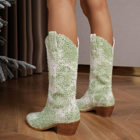 GOSERCE Women's Western Cowboy Boots with Embroidery Chunky Block Heel 2.5" Classic Cowgirl Boots Mid Calf Booties Almond Shaped Pointed Toe Knee High boots Pull On Fashion Design in Saudi Arabia