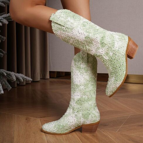 GOSERCE Women's Western Cowboy Boots with Embroidery Chunky Block Heel 2.5" Classic Cowgirl Boots Mid Calf Booties Almond Shaped Pointed Toe Knee High boots Pull On Fashion Design in Saudi Arabia