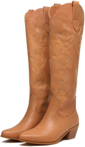 GOSERCE Women's Western Cowboy Boots with Embroidery Chunky Block Heel 2.5" Classic Cowgirl Boots Mid Calf Booties Almond Shaped Pointed Toe Knee High boots Pull On Fashion Design in Saudi Arabia