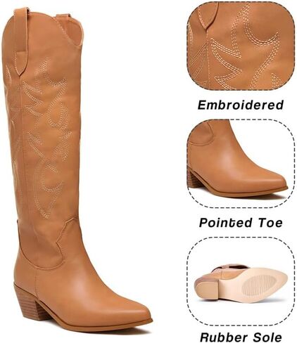 GOSERCE Women's Western Cowboy Boots with Embroidery Chunky Block Heel 2.5" Classic Cowgirl Boots Mid Calf Booties Almond Shaped Pointed Toe Knee High boots Pull On Fashion Design in Saudi Arabia