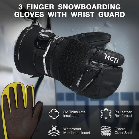 MCTi Snowboard Gloves with Wrist Guard 3-Finger Waterproof Mittens for Winter Snow Skiing in Kuwait