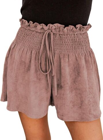 Dokotoo Womens Shorts Cotton High Elastic Waisted Pleated Ruffle Beach Flowy Casual Shorts S-XL in Saudi Arabia