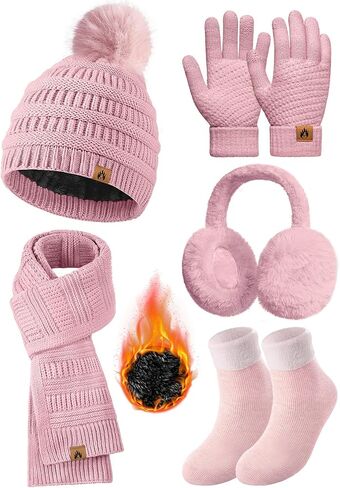 Womens Winter Knit Hat Beanie Scarf Touch Screen Gloves Ear Muffs Socks 5 Pieces Sets Faux Fur Pom Beanie Warmer Cap in Saudi Arabia