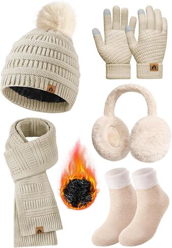 Womens Winter Knit Hat Beanie Scarf Touch Screen Gloves Ear Muffs Socks 5 Pieces Sets Faux Fur Pom Beanie Warmer Cap in Saudi Arabia