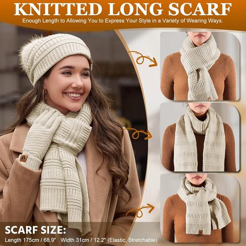 Womens Winter Knit Hat Beanie Scarf Touch Screen Gloves Ear Muffs Socks 5 Pieces Sets Faux Fur Pom Beanie Warmer Cap in Saudi Arabia