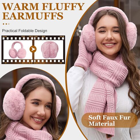 Womens Winter Knit Hat Beanie Scarf Touch Screen Gloves Ear Muffs Socks 5 Pieces Sets Faux Fur Pom Beanie Warmer Cap in Saudi Arabia