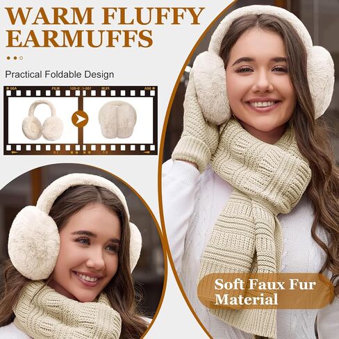 Womens Winter Knit Hat Beanie Scarf Touch Screen Gloves Ear Muffs Socks 5 Pieces Sets Faux Fur Pom Beanie Warmer Cap in Saudi Arabia