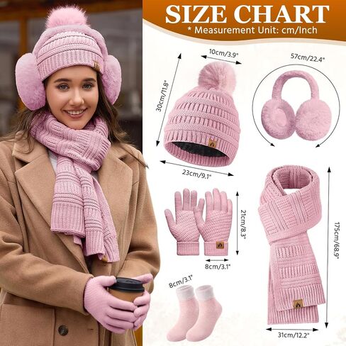 Womens Winter Knit Hat Beanie Scarf Touch Screen Gloves Ear Muffs Socks 5 Pieces Sets Faux Fur Pom Beanie Warmer Cap in Saudi Arabia