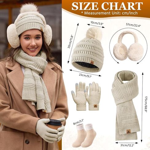 Womens Winter Knit Hat Beanie Scarf Touch Screen Gloves Ear Muffs Socks 5 Pieces Sets Faux Fur Pom Beanie Warmer Cap in Saudi Arabia