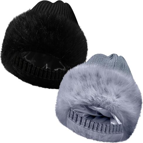 2 Pcs Faux Fur Knit Beanie Winter Satin Lined Beanie Hat Warm Cuffed Plain Hat with Lining for Men Women in Saudi Arabia