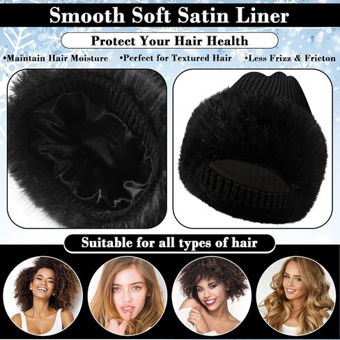 2 Pcs Faux Fur Knit Beanie Winter Satin Lined Beanie Hat Warm Cuffed Plain Hat with Lining for Men Women in Saudi Arabia