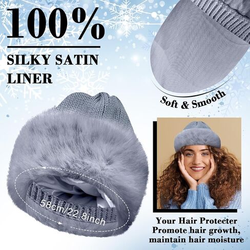 2 Pcs Faux Fur Knit Beanie Winter Satin Lined Beanie Hat Warm Cuffed Plain Hat with Lining for Men Women in Saudi Arabia