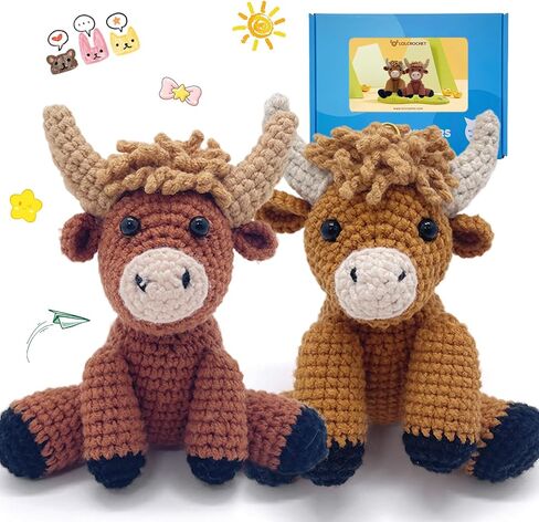 LOLCROCHET Highland Cow Crochet Kit for Beginners, 2 Pcs Animals Amigurumi Crochet Starter Kit with Step-by-Step Video Tutorial, Easy Knitting Set for Kids Adults Crocheting Doll Xmas Gift in Saudi Arabia