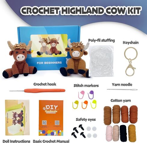 LOLCROCHET Highland Cow Crochet Kit for Beginners, 2 Pcs Animals Amigurumi Crochet Starter Kit with Step-by-Step Video Tutorial, Easy Knitting Set for Kids Adults Crocheting Doll Xmas Gift in Saudi Arabia