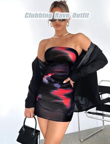 Summer Tube Mini Dresses for Women Trendy Y2k Ruched Going Out Club Rave Outfit Bodycon Short Bandeau Dress in Saudi Arabia