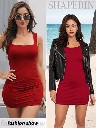 SHAPERIN Shaper Dress Built in Shapewear Sexy Square Neck Sleeveless Bodycon Summer Mini Tank Dress for Women in Saudi Arabia
