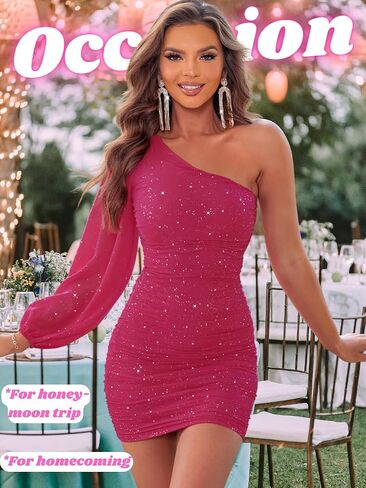 Sparkly Outfits for Women,One Shoulder Ruched Bodycon Short Prom Dress,Sexy Dresses Cocktail Homecoming Nye in Kuwait