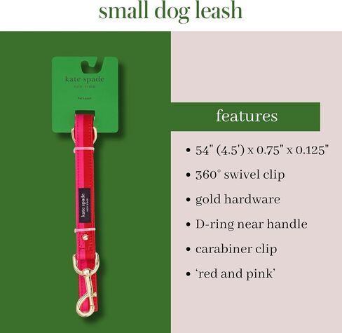 Kate Spade New York 4.5ft Dog Leash, Heavy Duty Leash for Female or Male Dogs, Cute Pet Leash with Gold Metal Hardware, Long Dog Lead for Small and Medium Breeds (Red and Pink) in Kuwait