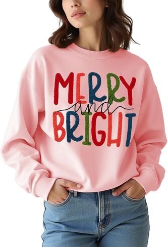 CM C&M WODRO Women Christmas Sweatshirt Merry and Bright Chenille Patch Graphic Pullover Crewneck Long Sleeve Shirt Tops in Saudi Arabia