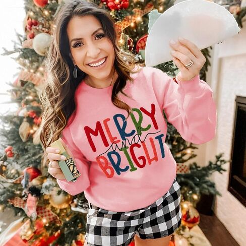 CM C&M WODRO Women Christmas Sweatshirt Merry and Bright Chenille Patch Graphic Pullover Crewneck Long Sleeve Shirt Tops in Saudi Arabia