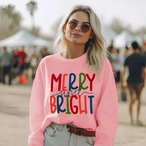 CM C&M WODRO Women Christmas Sweatshirt Merry and Bright Chenille Patch Graphic Pullover Crewneck Long Sleeve Shirt Tops in Saudi Arabia