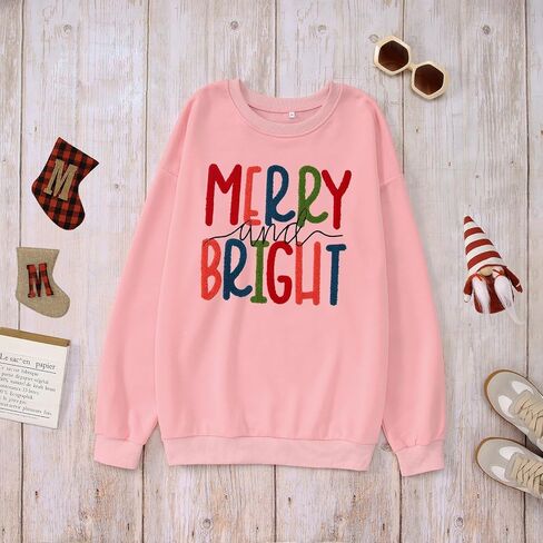 CM C&M WODRO Women Christmas Sweatshirt Merry and Bright Chenille Patch Graphic Pullover Crewneck Long Sleeve Shirt Tops in Saudi Arabia