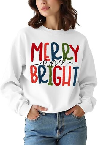 CM C&M WODRO Women Christmas Sweatshirt Merry and Bright Chenille Patch Graphic Pullover Crewneck Long Sleeve Shirt Tops in Saudi Arabia