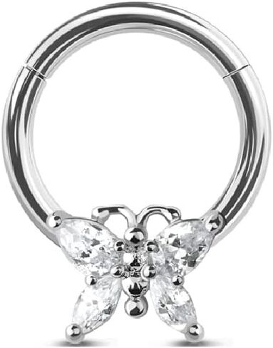 Pierced Owl - 16GA Prong CZ Set Butterfly 316L Surgical Stainless Steel Septum Cartilage Helix Daith Front Facing Hinged Segment Ring in Saudi Arabia