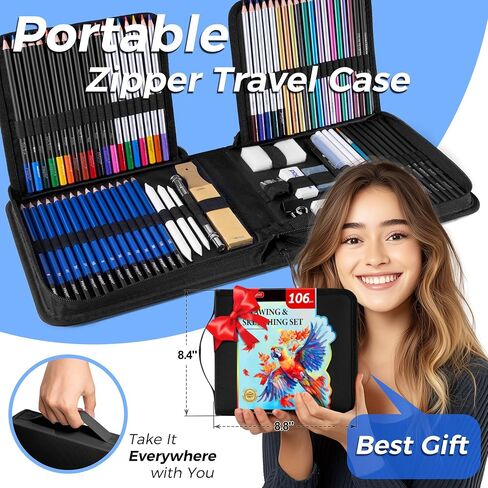 106 Pack Drawing Set Sketching Kit, Pro Art Supplies with 3-Color Sketchbook, Coloring Book, Graphite Colored Charcoal Watercolor & Metallic Pencils, Drawing Supplies Gift Case for Artists Adults Kids in Saudi Arabia