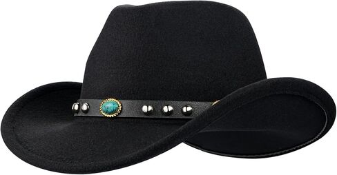 Western Black Cowboy Hat, Classic Cowgirl Hat Wide Brim with Turquoise Buckle Decoration, Comfortable Western Hat Cowboy Accessory for Men and Women in Saudi Arabia