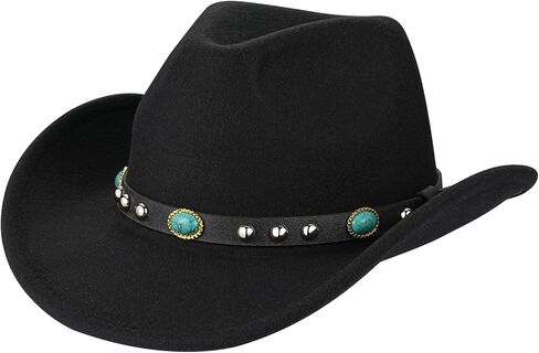 Western Black Cowboy Hat, Classic Cowgirl Hat Wide Brim with Turquoise Buckle Decoration, Comfortable Western Hat Cowboy Accessory for Men and Women in Saudi Arabia