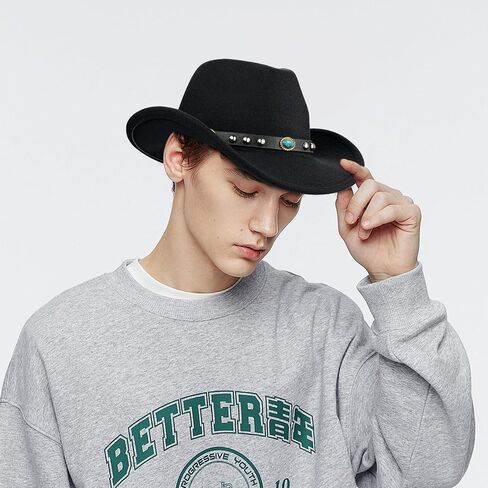Western Black Cowboy Hat, Classic Cowgirl Hat Wide Brim with Turquoise Buckle Decoration, Comfortable Western Hat Cowboy Accessory for Men and Women in Saudi Arabia
