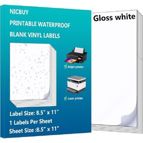 Full Sheets Printable Glossy White Shipping Labels – 8.5" x 11" – Waterproof Vinyl Sticker Labels 20 Labels for Inkjet or Laser Printer