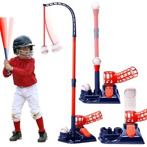 3-in-1 Baseball Set for Kids, Height Adjustable Tee Ball Set with 6 Softballs, T Ball Stand, Hanging Tee, Auto Ball Launcher, Retractable Bat, Indoor Outdoor Sport Toys for Boys Girls 3-5 5-8, Pink