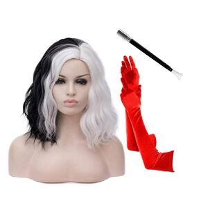 MORTICIA 14" Shoulder Length Curly Short Wavy Women Side Part Colored Fun Festival Cosplay Bob Wig(White and Black)
