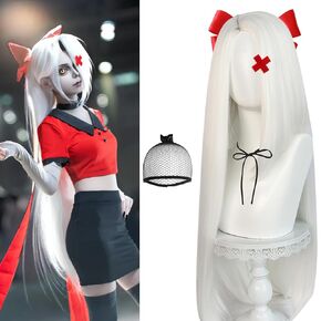 JoneTing 100cm/ 39inch Vaggie Wig【+Wig Cap+Red Bow+Hairclip】 Women Long White Wig with Bangs Vaggie Cosplay wig Women Long Straight White Wigs Cosplay Halloween Theme Party Costume Outfit