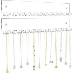 Acrylic Necklace Holder 2 Pack Wall Mounted Necklace Organizer Hanging Jewelry Organizer with 12 Hooks for Necklaces, Bracelets, Rings and Bangles Display