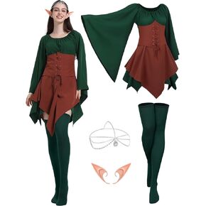 4 Pcs Fairy Costume for Woman Renaissance Dress Costume, Women Elf Medieval Irish Dress Ear Head Chain for Halloween
