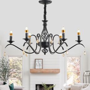 6-Light Long Candle Tube Chandelier, Living Room, Dining Room, Bedroom, Kitchen, Ceiling, Retro, Medieval, Rural, Candle Chandelier, E12 lamp Head Chandelier