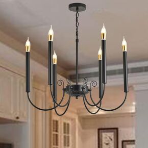 6-Light Long Candle Tube Chandelier, Living Room, Dining Room, Bedroom, Kitchen, Ceiling, Retro, Medieval, Rural, Candle Chandelier, E12 lamp Head Chandelier
