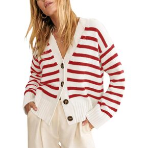 EVALESS Womens Striped Cardigan Sweaters Long Sleeve V Neck Lightweight Open Front Button Down Knit Cardigans